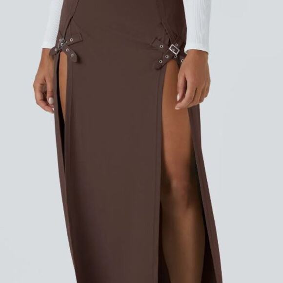 Halara Brand NWT Brown Size XL High Waisted Decorative Buckle Split Maxi Skirt - Picture 6 of 6